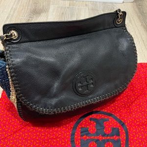 Tory Burch Marion Saddle Bag Mixed Materials Leather Raffia Black Navy Beige